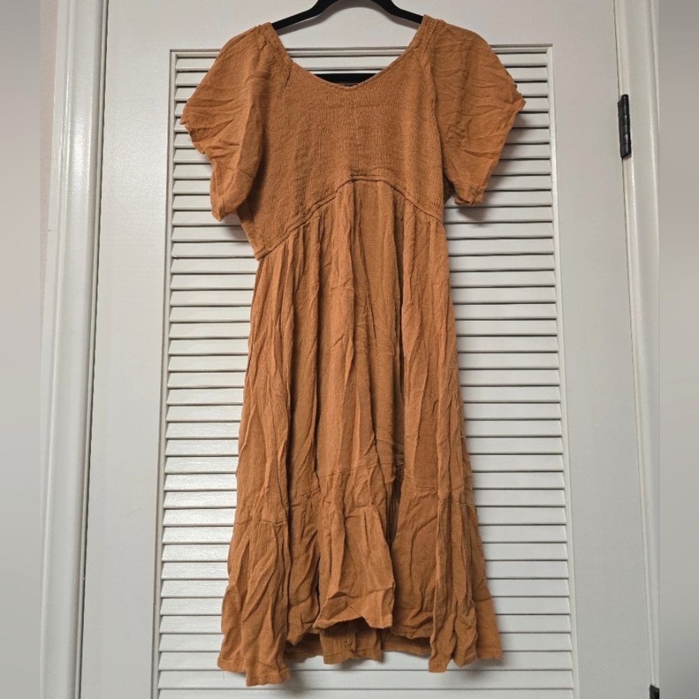 Goldish Orange Short-Sleeve Flowly Bohemian Dress With Lining